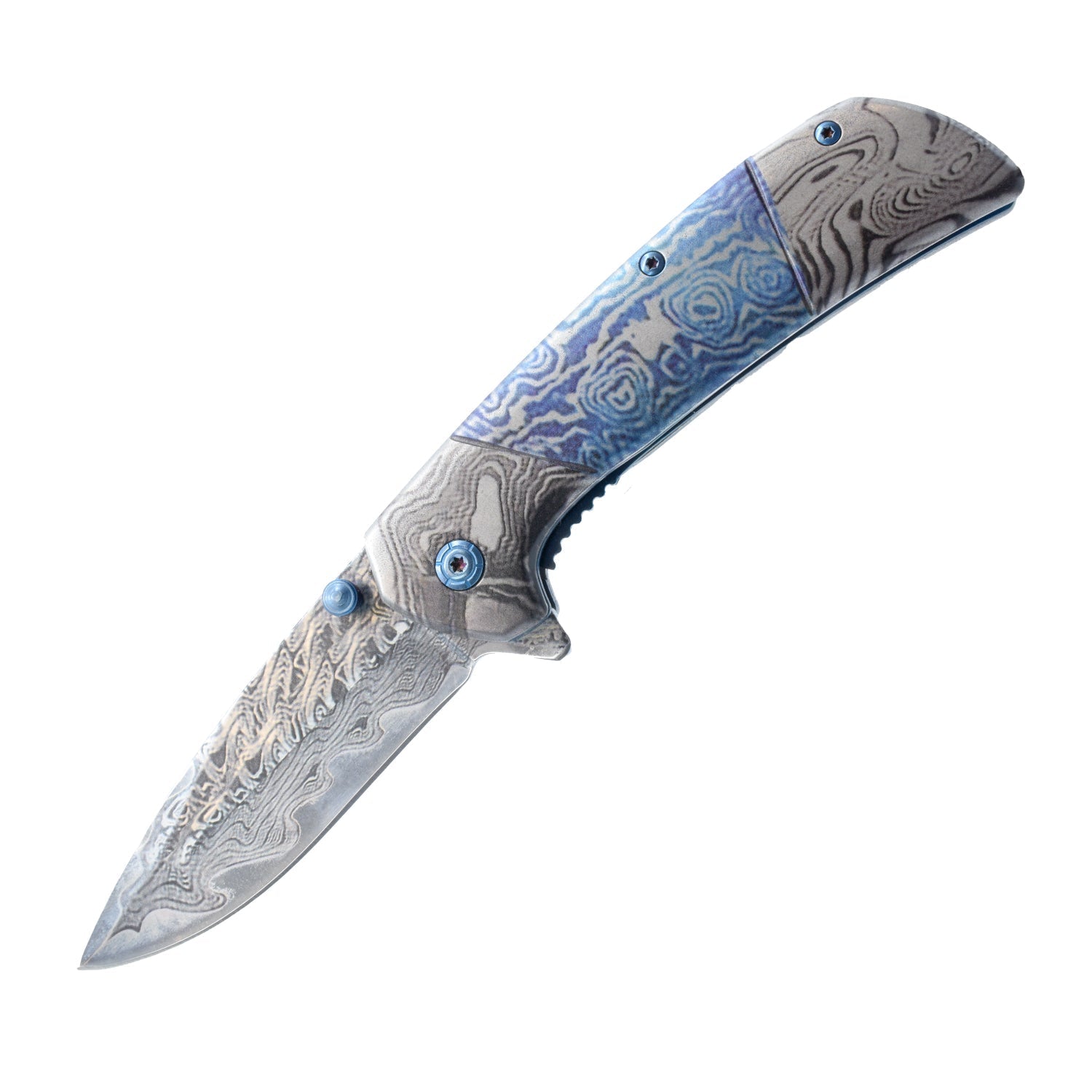 7.75" Titanium & Damascus Folding Knife Blue Knife - Tophatter Daily Deals