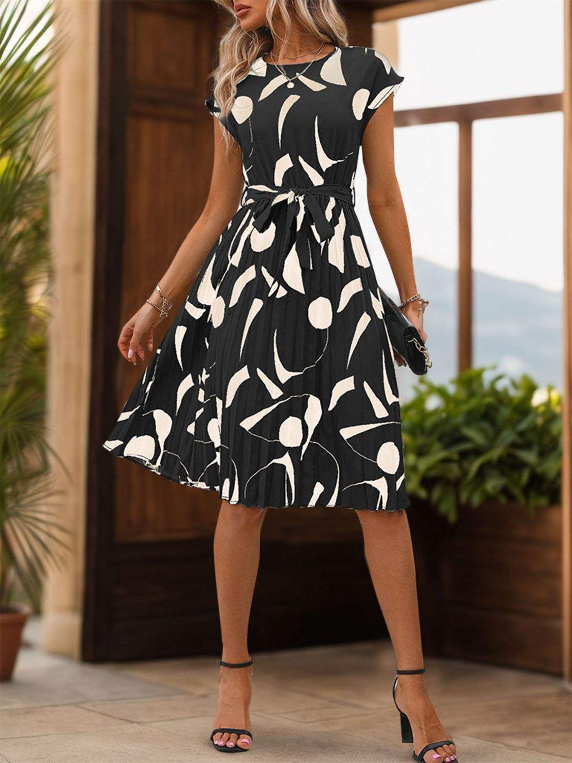 Tied Pleated Printed Cap Sleeve Dress Casual Dresses - Tophatter Daily Deals