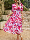 Devine Smocked Printed V-Neck Half Sleeve Midi Dress Casual Dresses - Tophatter Daily Deals