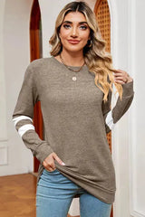 Striped Heathered Round Neck T-Shirt Mocha Women's T-Shirts - Tophatter Daily Deals