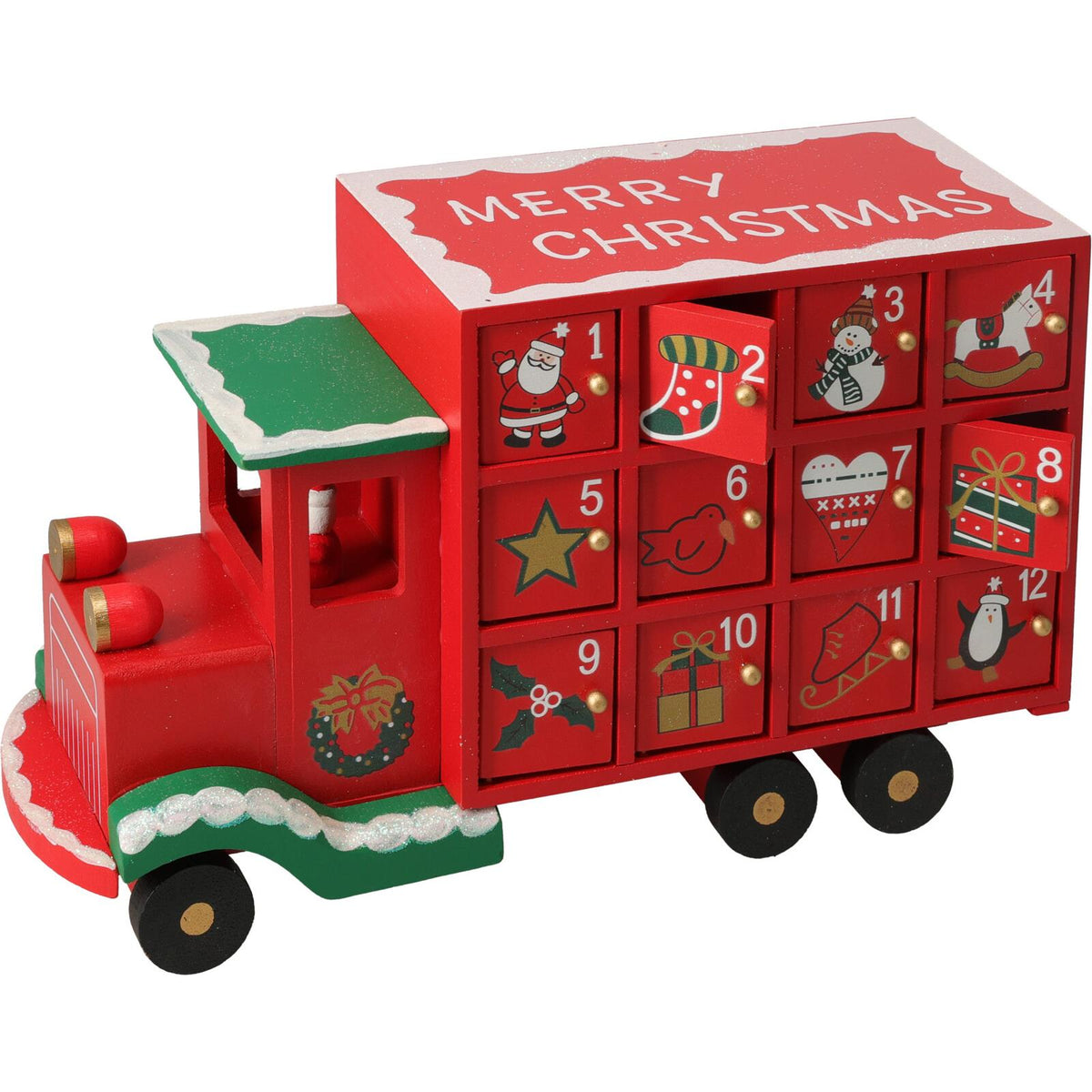 Wooden Christmas Truck Advent Calendar | Festive Red Truck with 24 Drawers 29cm Advent Calendar - Tophatter Daily Deals