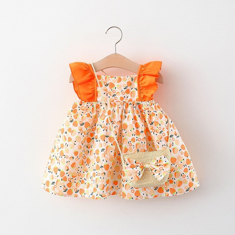 Baby Girl Flounced Sleeve Dress Free Bamboo Basket Satchel Orange Strawberry 0 - Tophatter Daily Deals