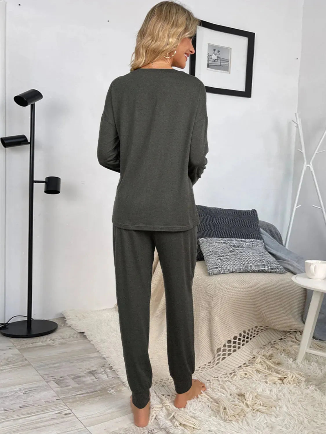 Round Neck Top and Drawstring Pants Lounge Set Loungewear Sets - Tophatter Daily Deals
