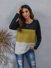 Color Block Round Neck Long Sleeve T-Shirt Olive Brown Women's T-Shirts - Tophatter Daily Deals