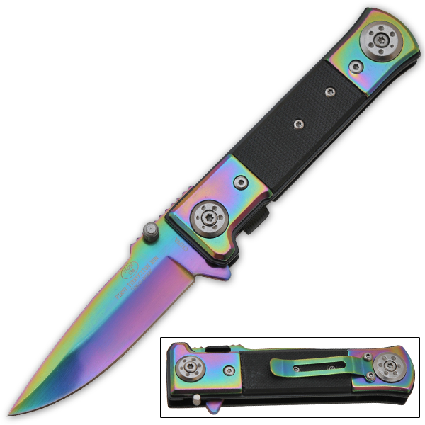 Spring Assisted Pocket Knife Rainbow With Black G10 Handle - TOPHATTER'S ARMORY DEALS Collectible Weapons - Tophatter Daily Deals
