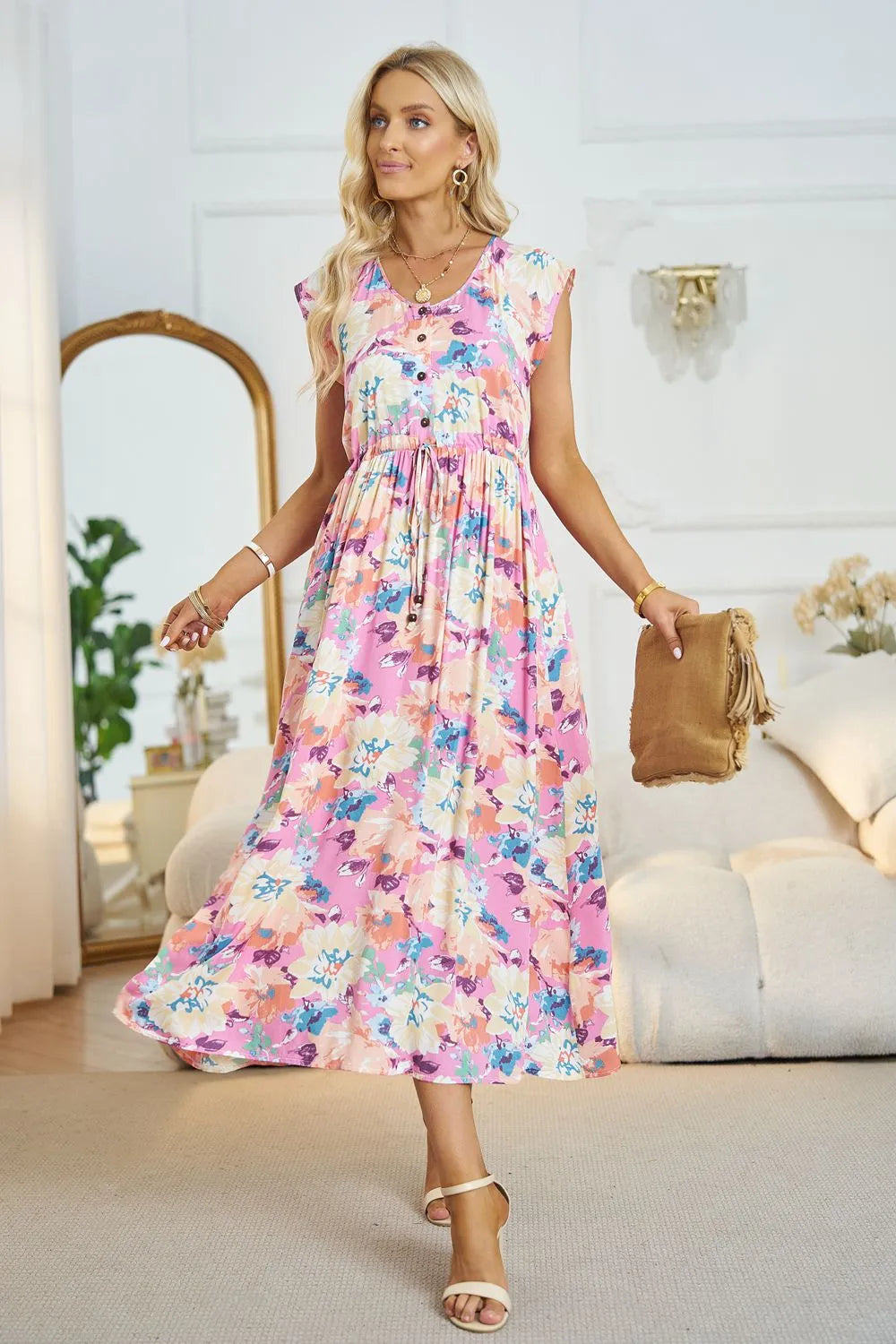 Floral V-Neck A-Line Midi Dress Casual Dresses - Tophatter Daily Deals