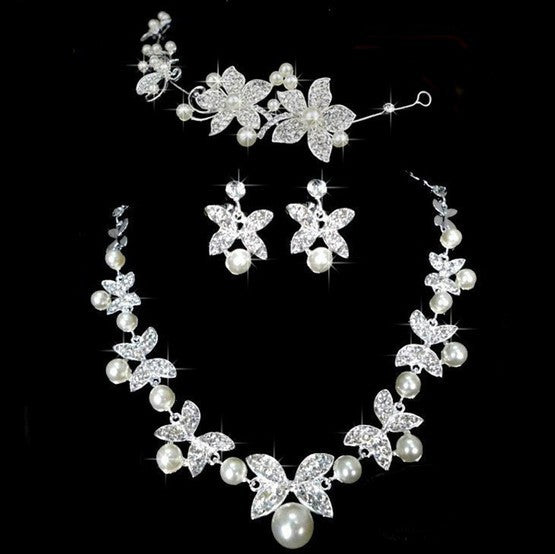 Butterfly Bridal Jewelry Set Chain Pearl Jewelry Three Piece Bridal Soft Chain Headdress Bridal Jewelry Set 3 pieces 0 - Tophatter Daily Deals
