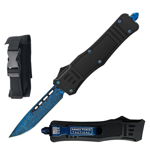 9" Etched Damascus Pattern Blue Blade Automatic OTF Knife - TOPHATTER'S ARMORY DEALS Collectible Weapons - Tophatter Daily Deals