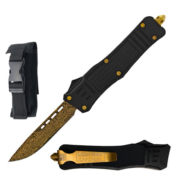 9" Etched Damascus Pattern Golden Blade Automatic OTF Knife - TOPHATTER'S ARMORY DEALS Collectible Weapons - Tophatter Daily Deals