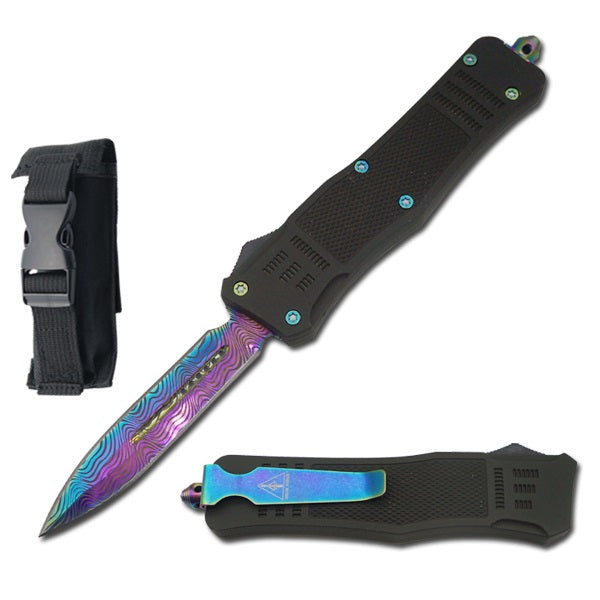 9" Etched Damascus Pattern Rainbow Dagger Blade Automatic OTF Knife - TOPHATTER'S ARMORY DEALS Collectible Weapons - Tophatter Daily Deals