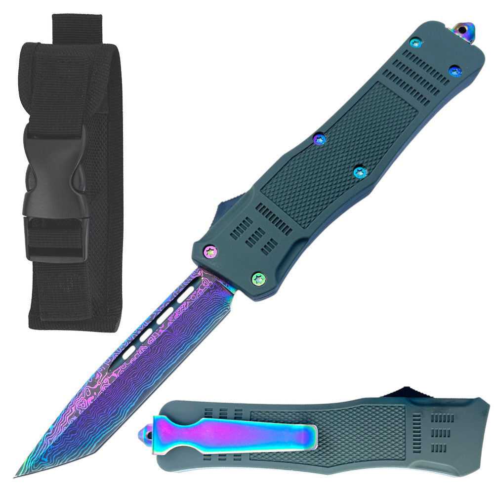 9" Etched Damascus Pattern Rainbow Tanto Blade Automatic OTF Knife - TOPHATTER'S ARMORY DEALS Collectible Weapons - Tophatter Daily Deals