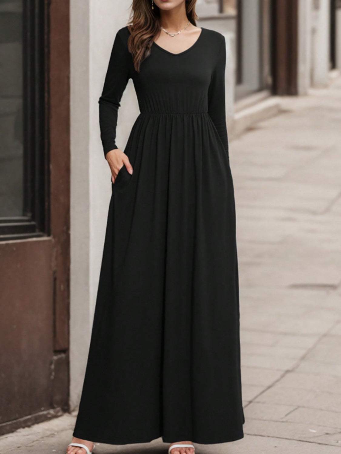 Pocketed V-Neck Long Sleeve Maxi Dress Black Casual Dresses - Tophatter Daily Deals