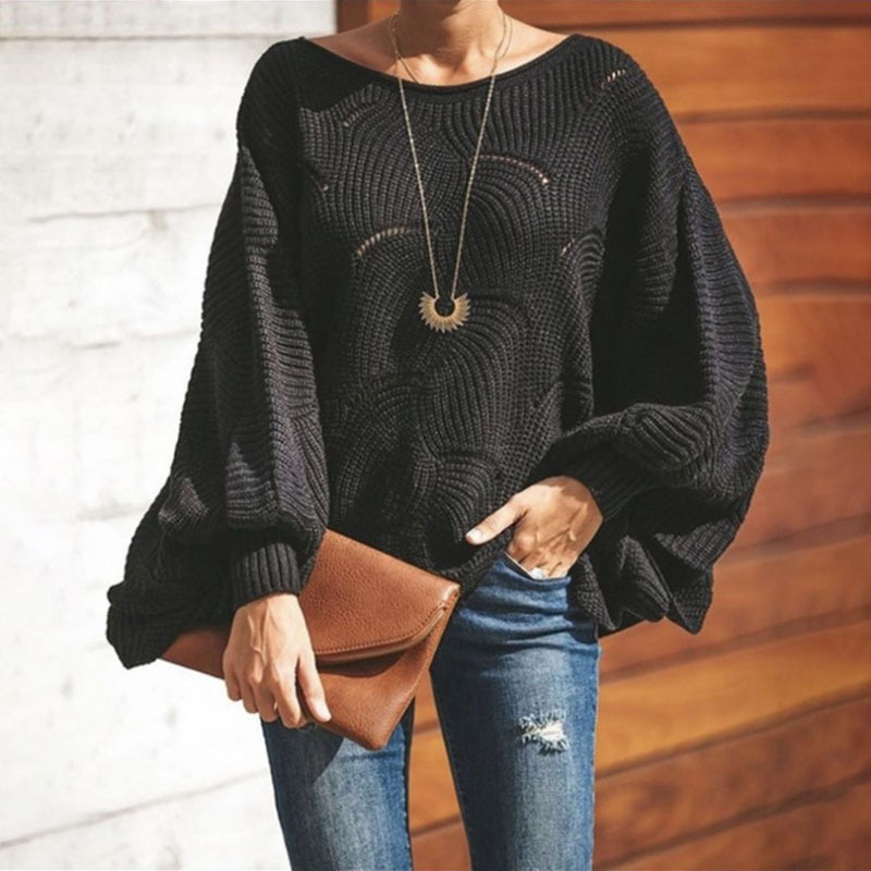 Oversized Women’s Knit Sweater - Loose Crochet, Cotton Black - Tophatter Daily Deals