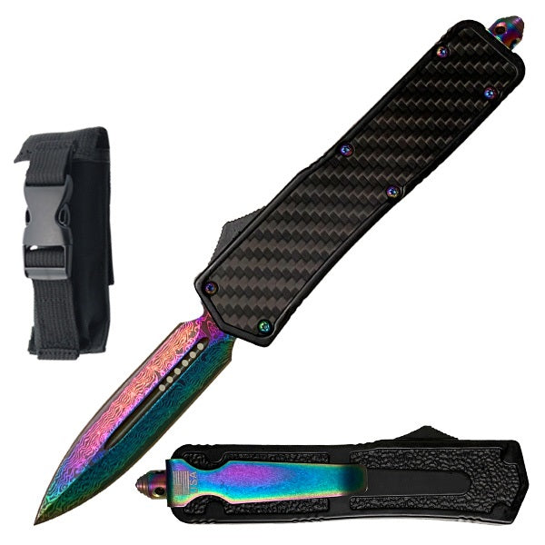 9" Rainbow Damascus Etched OTF Dagger Blade Automatic Knife - Tophatter's Guns'N'Weapons Store Collectible Weapons - Tophatter Daily Deals