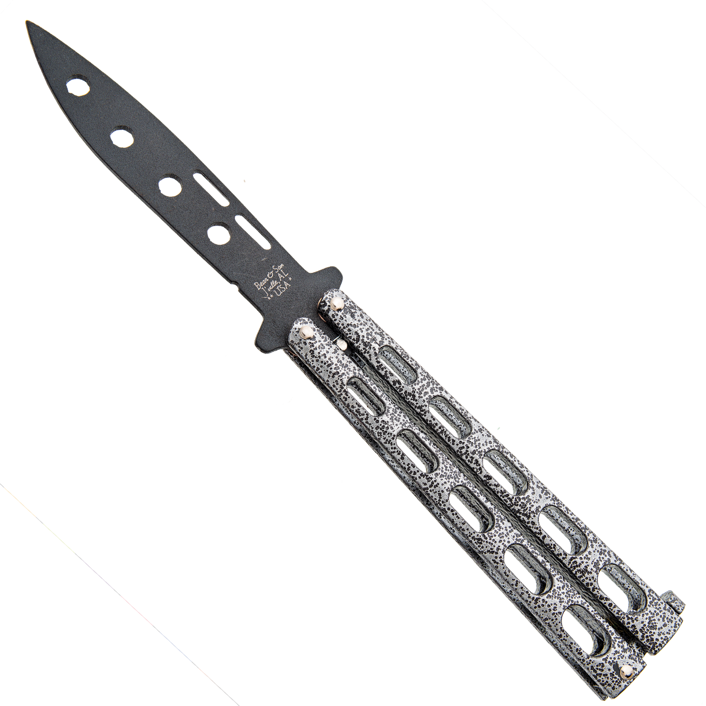 Bear & Son Black Blade and Silver Vein Handle Trainer Butterfly Knife - 115TR Knives - Tophatter Daily Deals