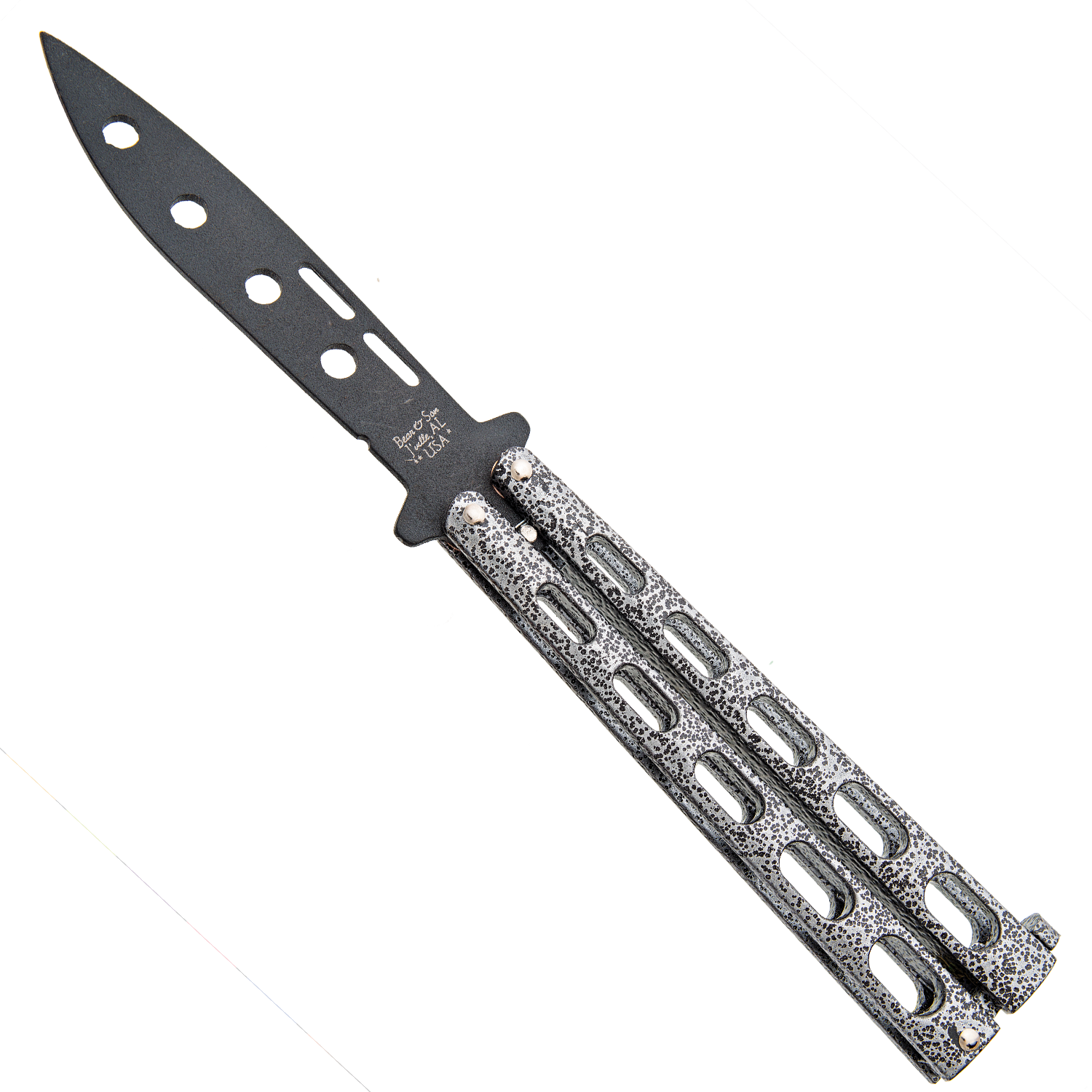 Bear & Son Black Blade and Silver Vein Handle Trainer Butterfly Knife - 115TR Knives - Tophatter Daily Deals