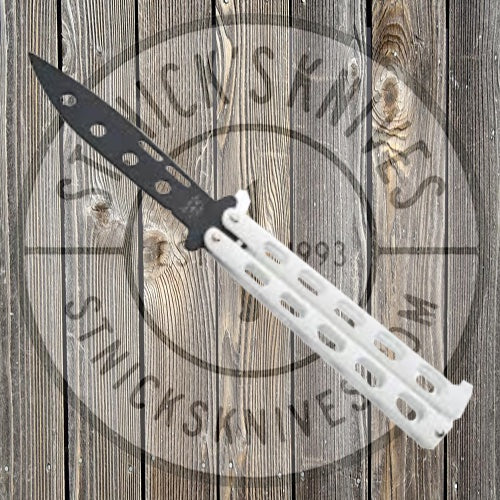 Bear & Son - Butterfly Trainer 3.375" Black Drop Point Blunt Blade, White Slotted Zinc Handle - 115WTR Butterfly Knives - Tophatter Daily Deals