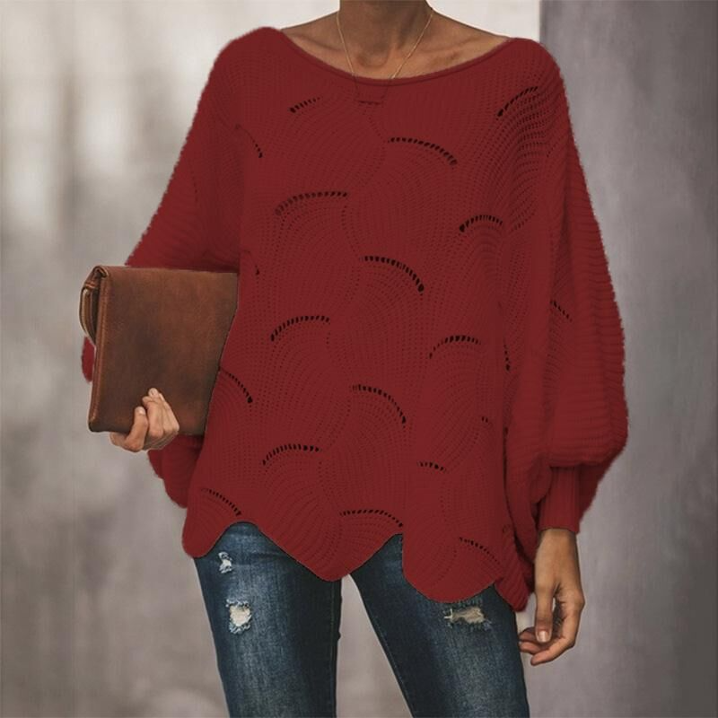 Oversized Women’s Knit Sweater - Loose Crochet, Cotton Wine red - Tophatter Daily Deals