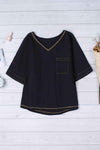 Textured V-Neck Half Sleeve Blouse Black Blouses - Tophatter Daily Deals