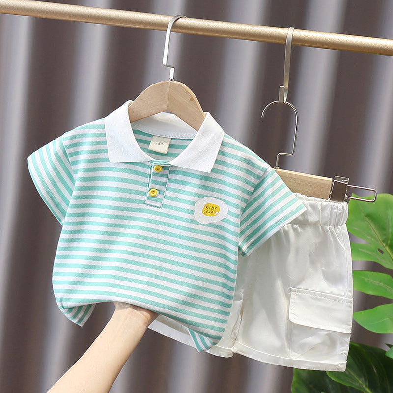 Boys' Summer Cute Stripes Solid Color Short-sleeved Shorts Two-piece Set Green 0 - Tophatter Daily Deals