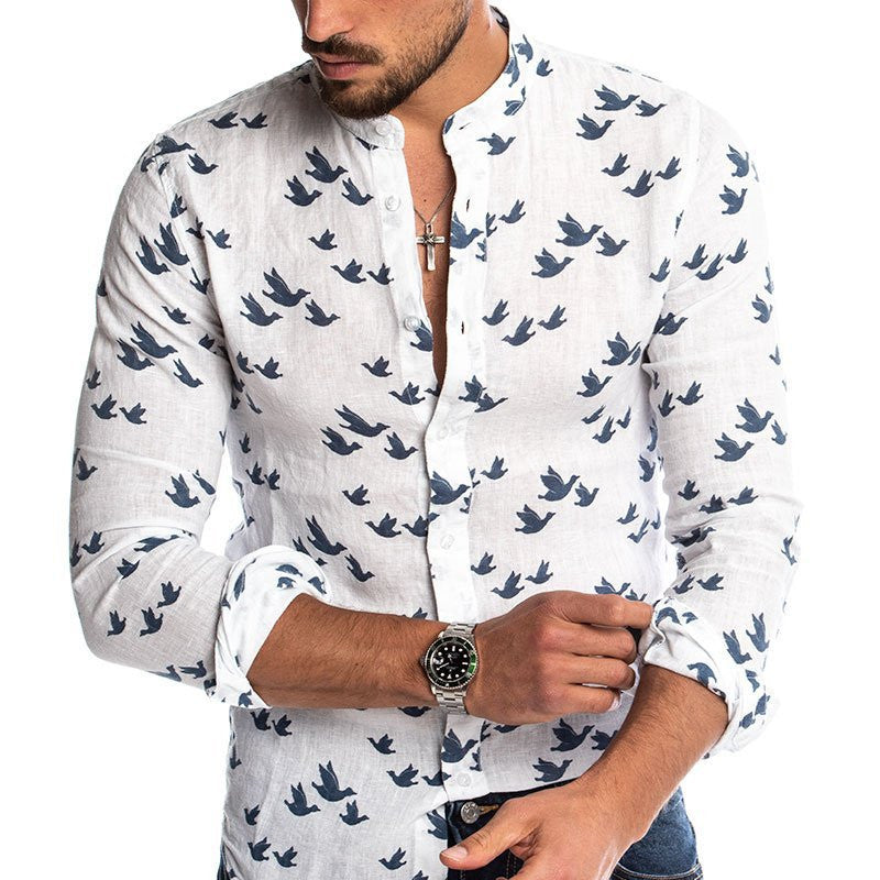 3D printed linen colorblock stand collar shirt White 0 - Tophatter Daily Deals