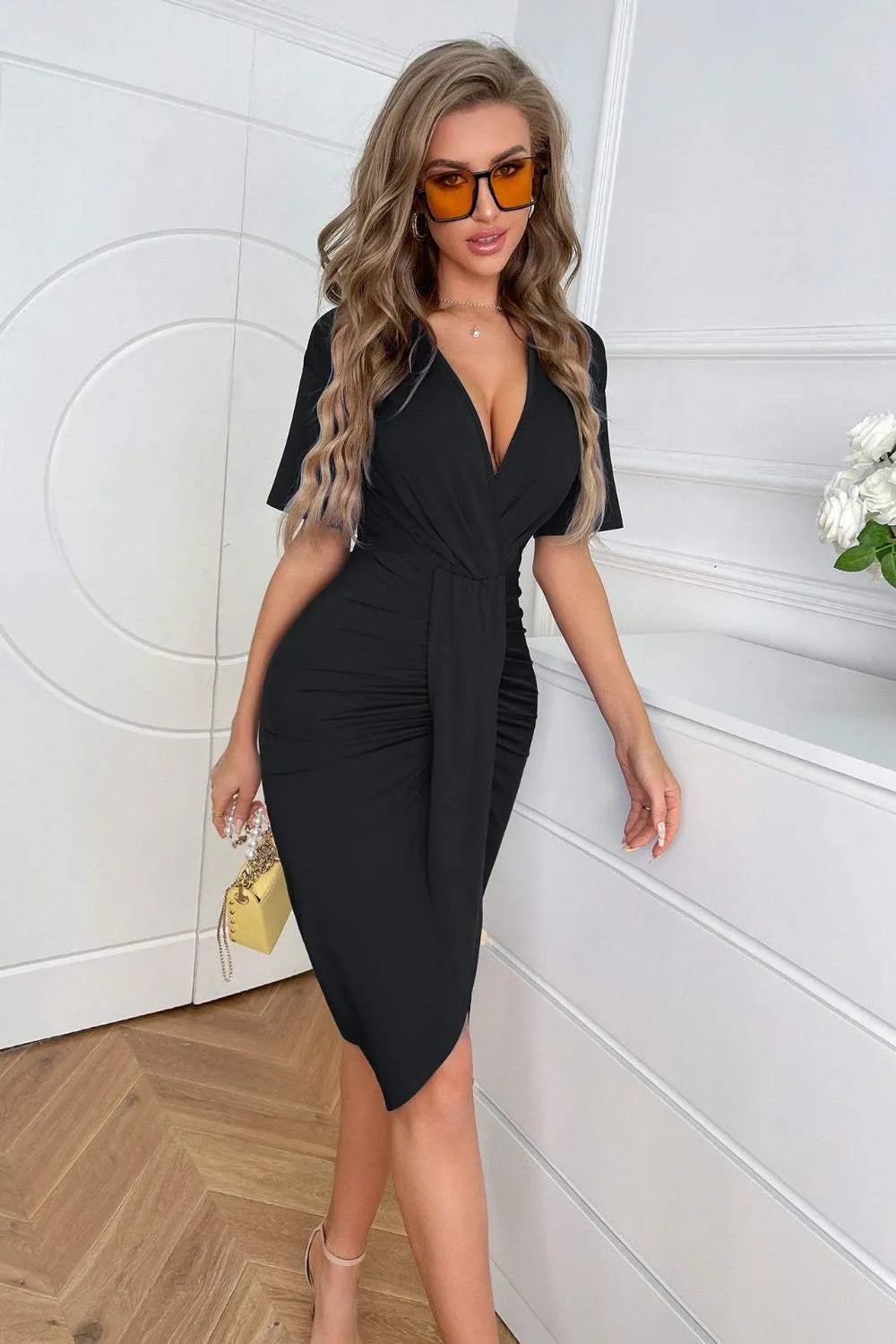 Ruched Short Sleeve Dress Black Casual Dresses - Tophatter Daily Deals