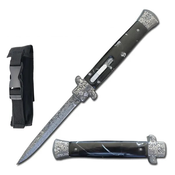 11 Inches Classic Gentleman Italian Stiletto Damascus OTF Black Pearl Handle Knife - TOPHATTER'S ARMORY DEALS Collectible Weapons - Tophatter Daily Deals