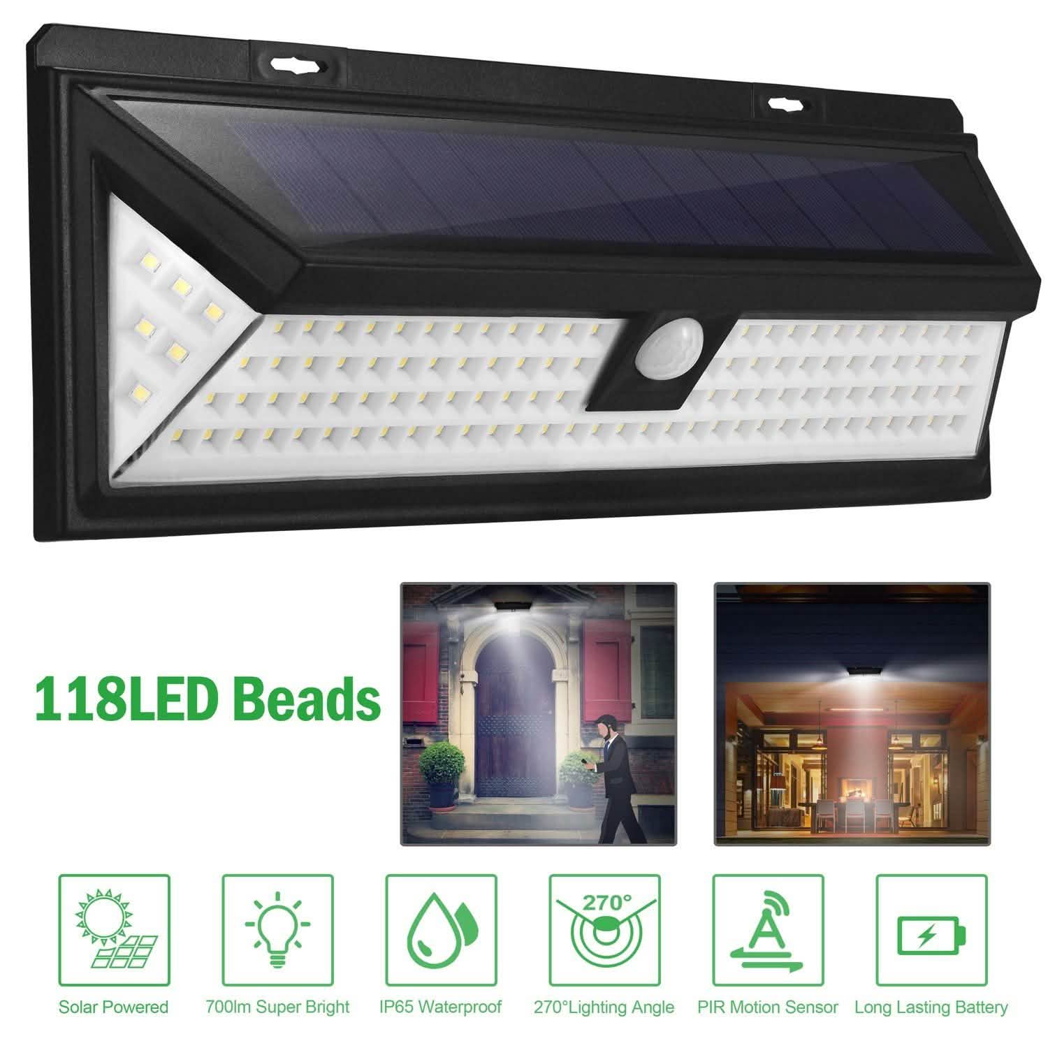 118 LEDs Solar Wall Light Outdoor Motion Sensor Lamp Outdoor Lighting - Tophatter Daily Deals