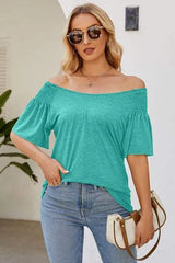 Smocked Round Neck Flutter Sleeve T-Shirt Pastel Blue Women's T-Shirts - Tophatter Daily Deals