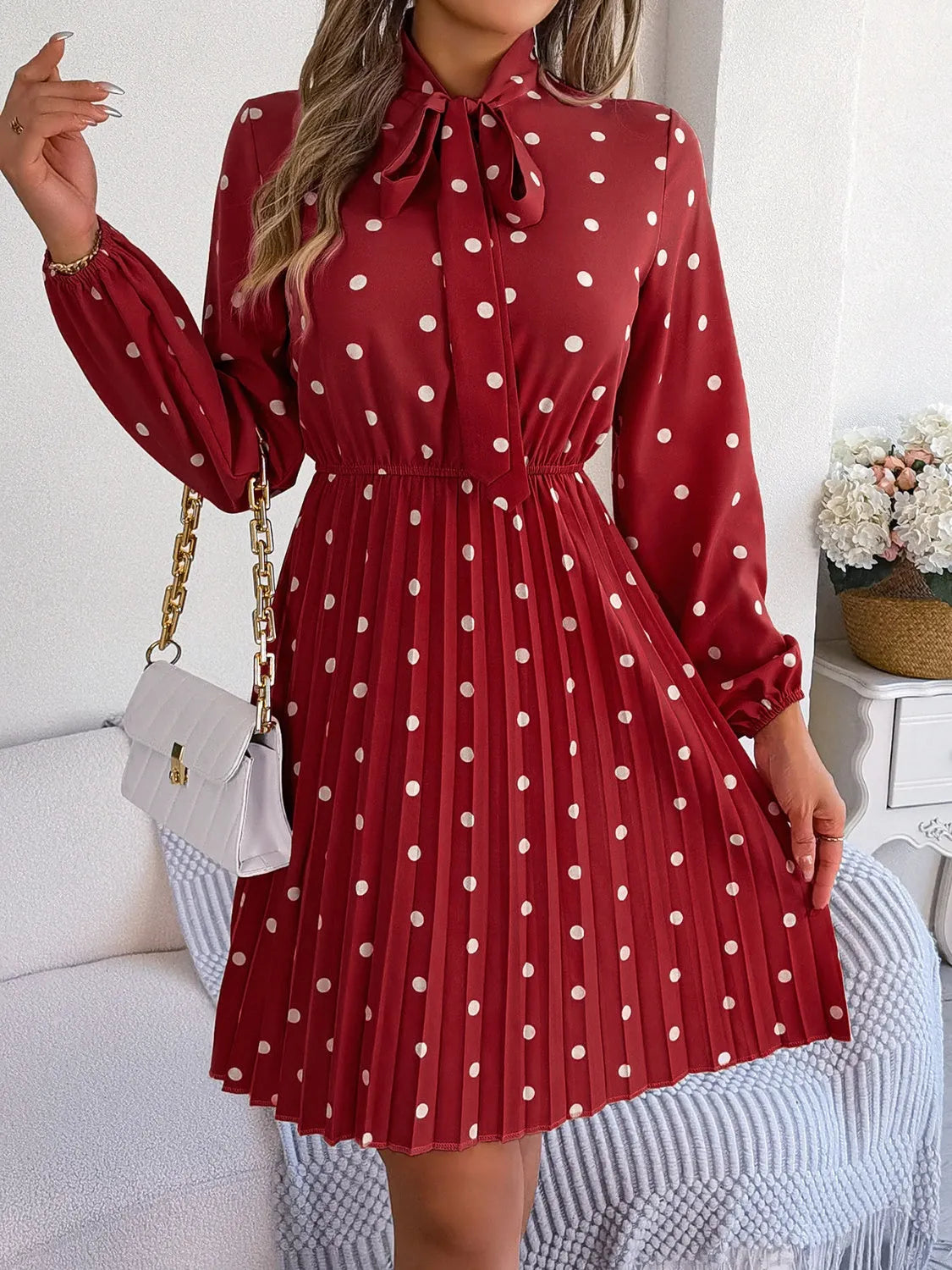 Polka Dot Tie Neck Pleated Dress Casual Dresses - Tophatter Daily Deals