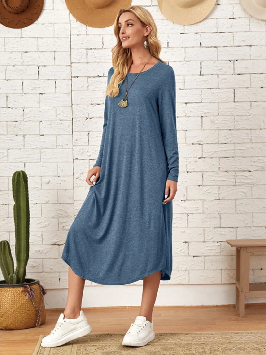 Pocketed Round Neck Long Sleeve Tee Dress Casual Dresses - Tophatter Daily Deals