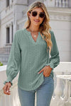 Eyelet Notched Lantern Sleeve T-Shirt Gum Leaf Women's T-Shirts - Tophatter Daily Deals