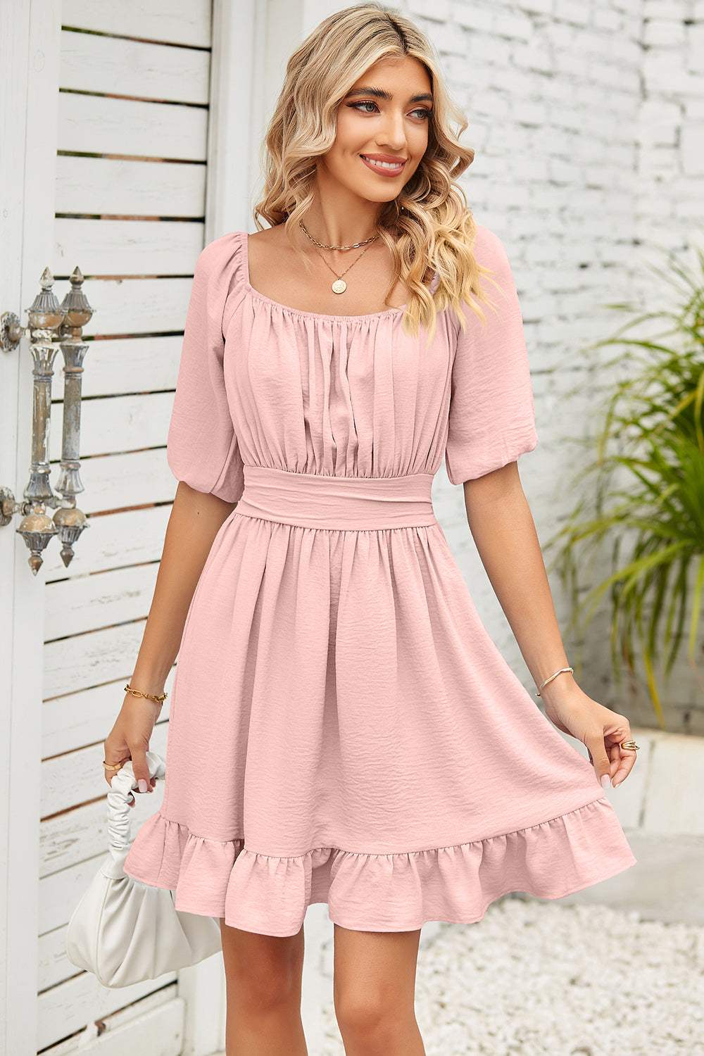 Ruched Ruffle Hem Short Sleeve Dress Casual Dresses - Tophatter Daily Deals