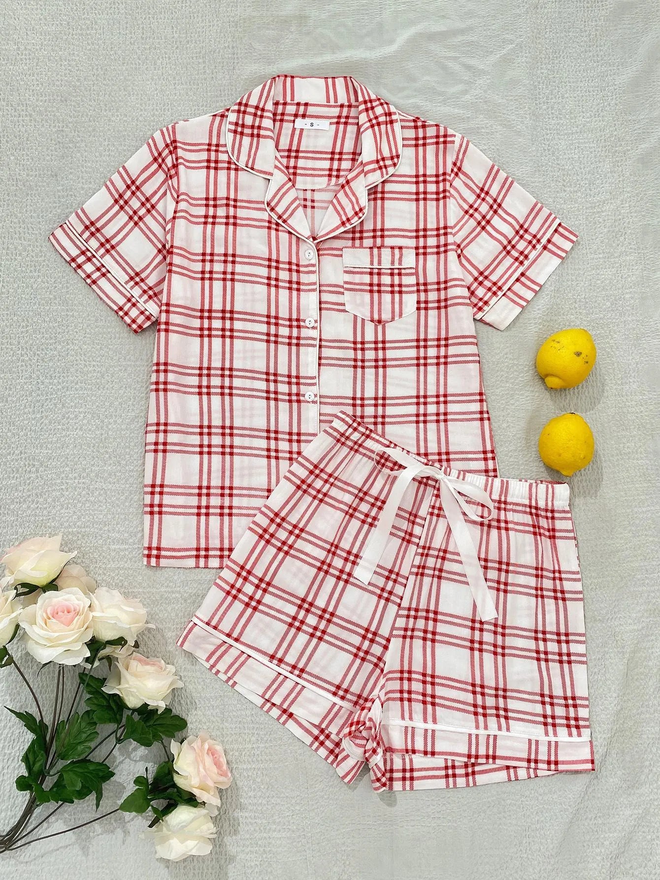 Plaid Lapel Collar Shirt and Shorts Lounge Set Loungewear Sets - Tophatter Daily Deals