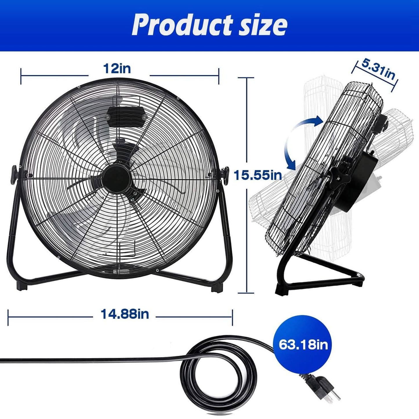 12" Floor Fan Copper Motor High-Velocity with 3 Adjustable Speeds Household Appliances - Tophatter Daily Deals