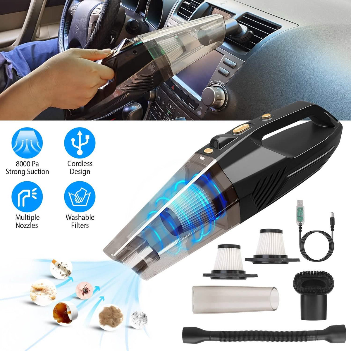 120W 8000PA Handheld Cordless Car Vacuum Cleaner with Accessory kit Automotive - Tophatter Daily Deals