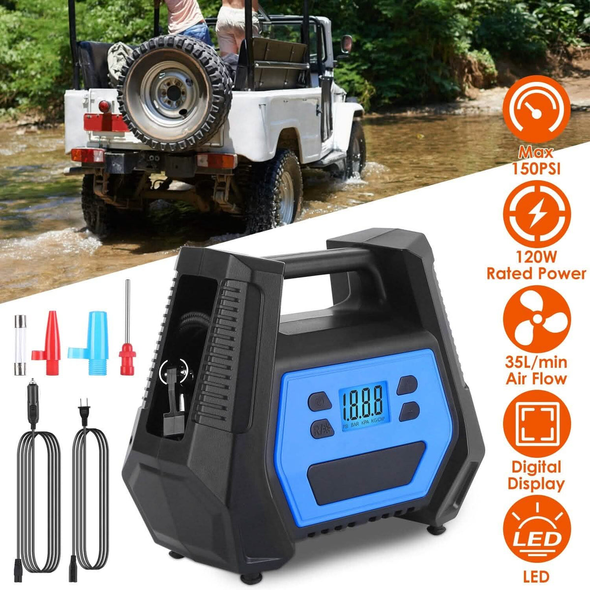 120W Max Power Portable Tire Pump with Digital Display LED Light Automotive - Tophatter Daily Deals