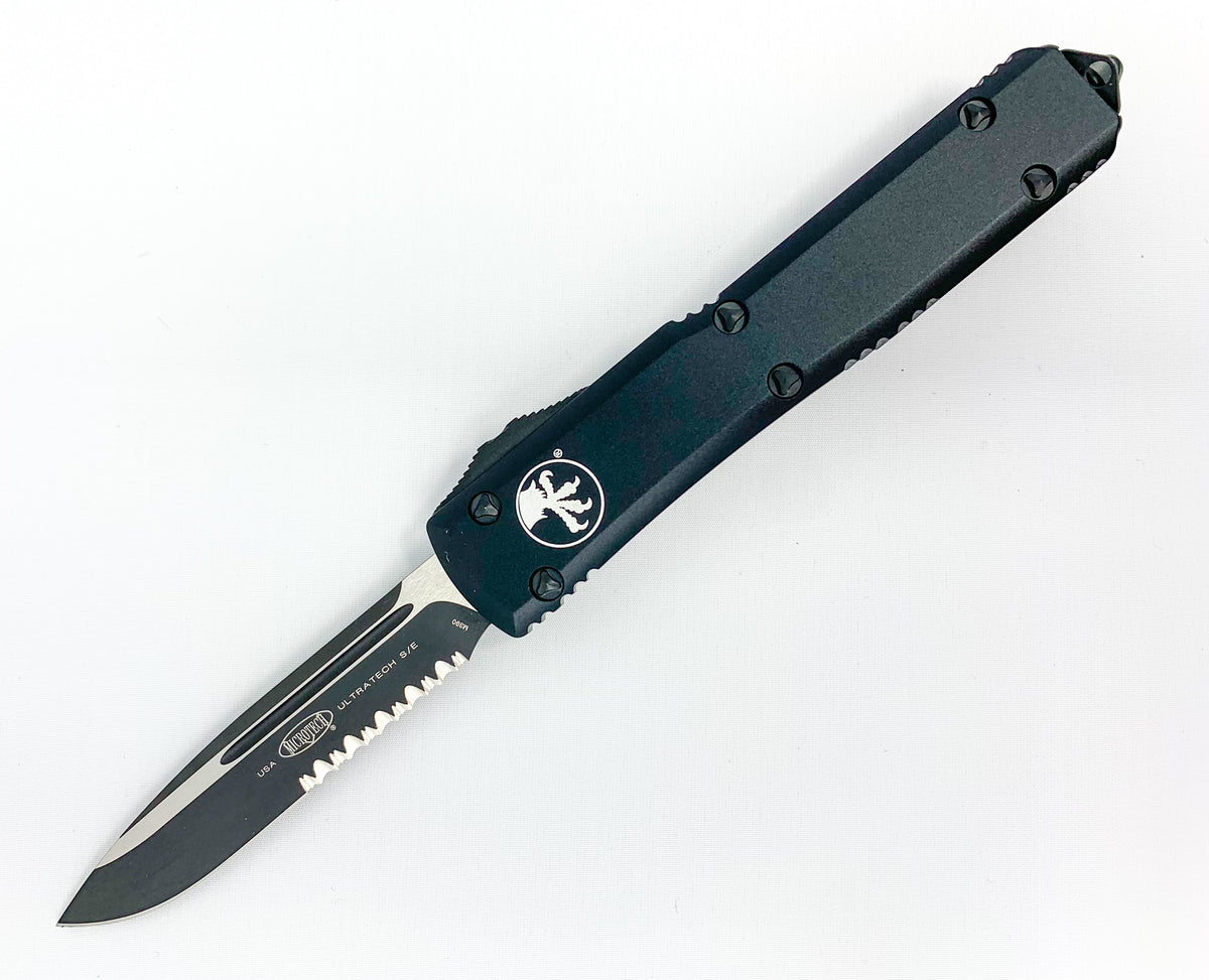 Microtech Ultratech - Black Drop Point Combo Edge Blade - Black Tactical Chassis - 121-2T Automatic Knives - Tophatter Daily Deals