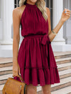 Ruched Grecian Neck Tie Waist Mini Dress Wine Casual Dresses - Tophatter Daily Deals