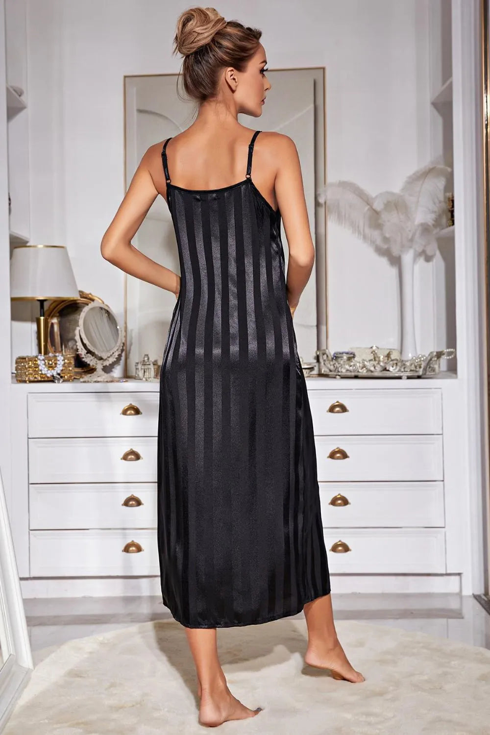 Striped Flounce Sleeve Open Front Robe and Cami Dress Set Loungewear Sets - Tophatter Daily Deals