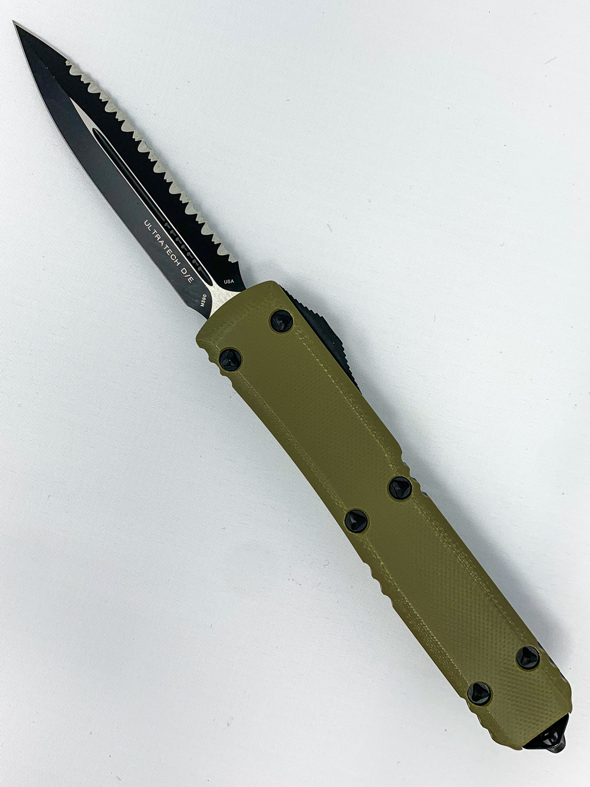 Microtech Ultratech D/E- Signature Series - Fully Serrated Black Blade - OD Green Top - 122-3GTODS Automatic Knives - Tophatter Daily Deals