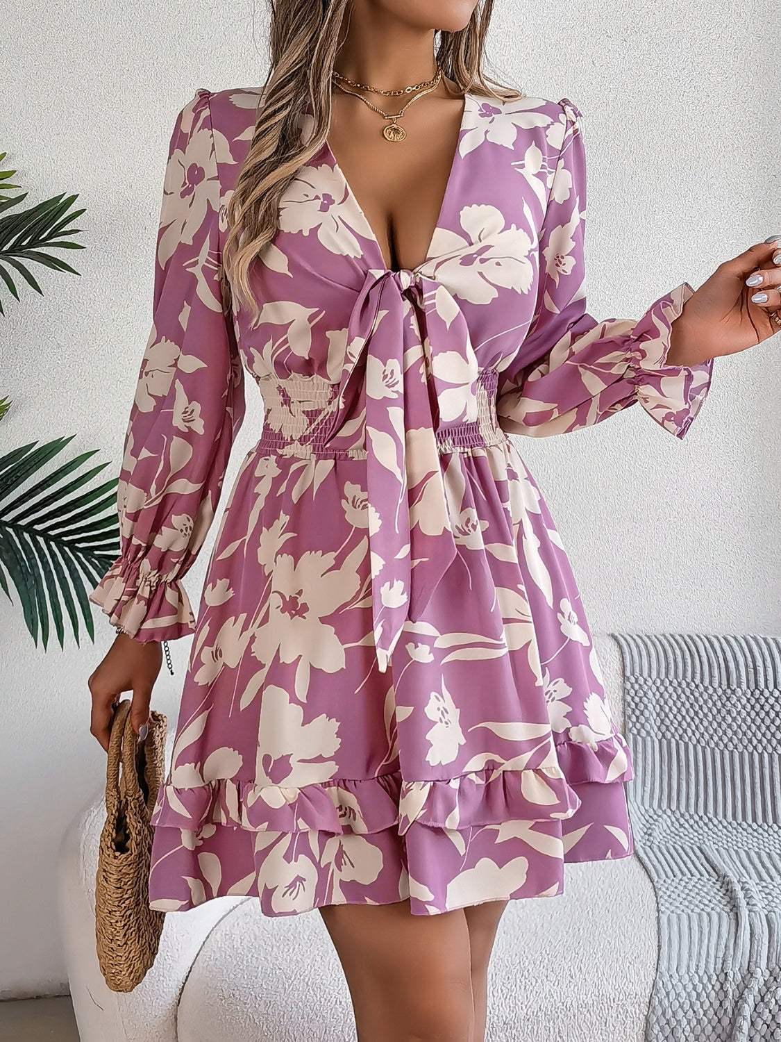 Tied Ruffled Printed Long Sleeve Dress Lilac Casual Dresses - Tophatter Daily Deals