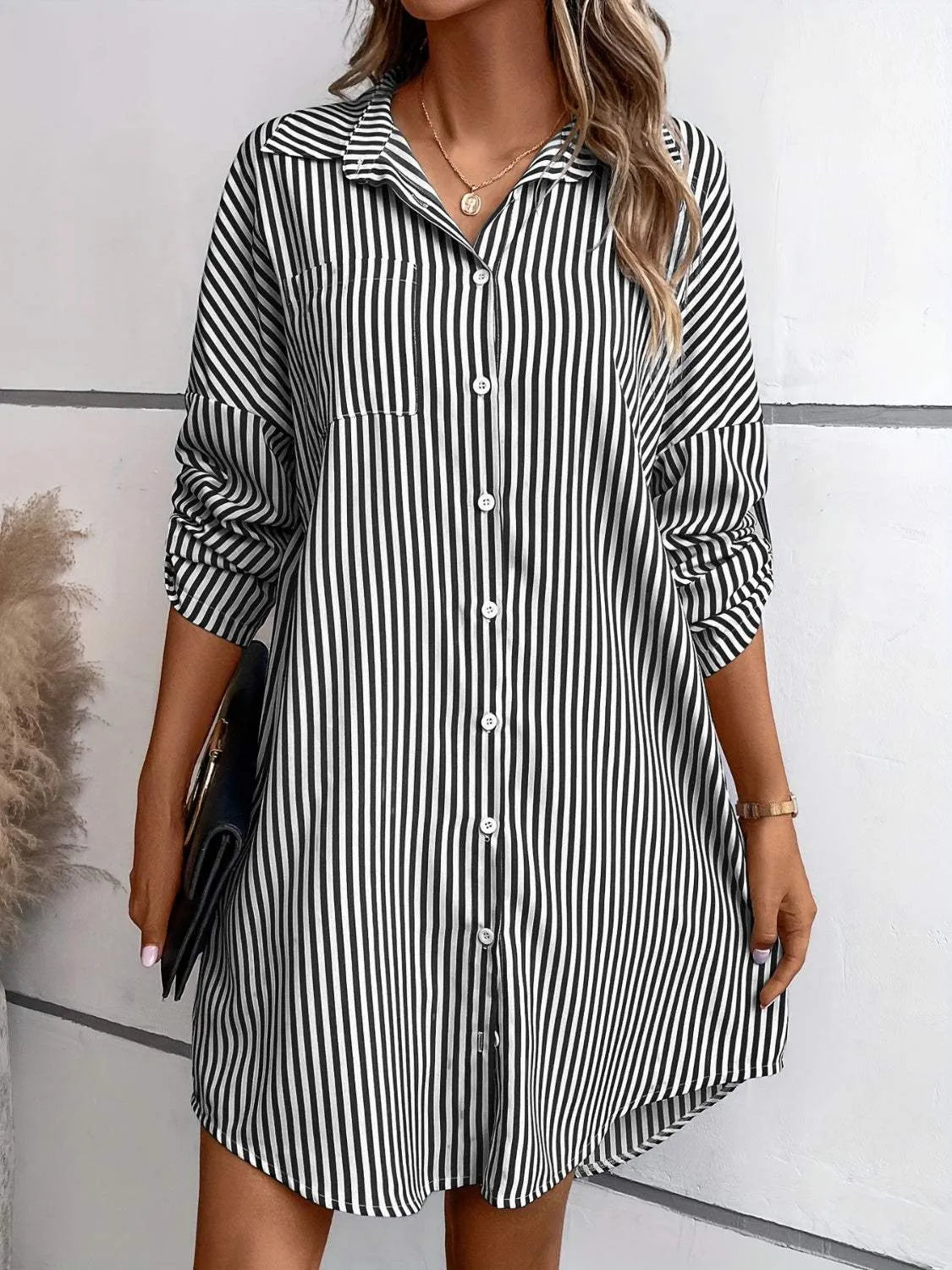 Striped Button Up Long Sleeve Mini Shirt Dress Black Casual Dresses - Tophatter Daily Deals