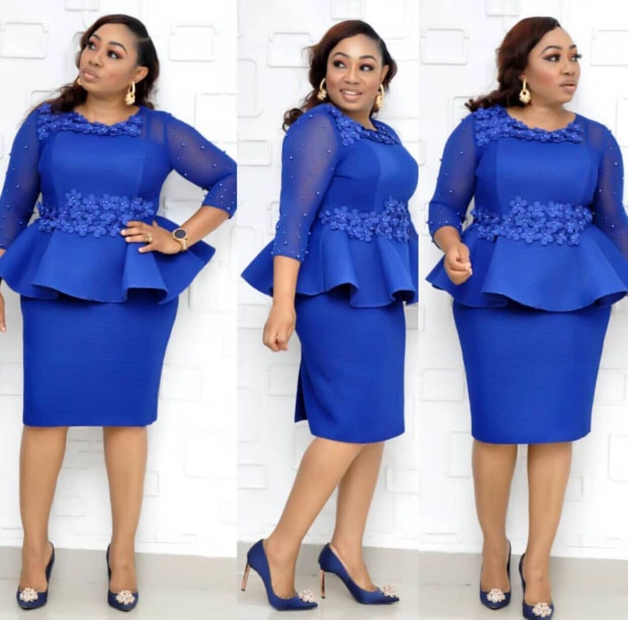 Beaded Sleeve Commuter Plus Size Dress Stitching Blue 0 - Tophatter Daily Deals