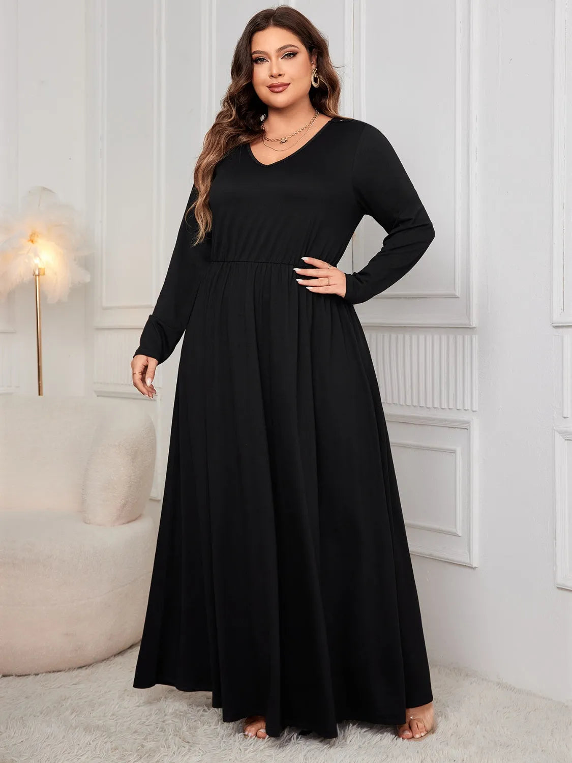 Plus Size Cutout V-Neck Long Sleeve Maxi Dress Black Casual Dresses - Tophatter Daily Deals