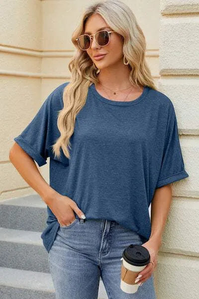 Round Neck Half Sleeve T-Shirt Dusty Blue Women's T-Shirts - Tophatter Daily Deals