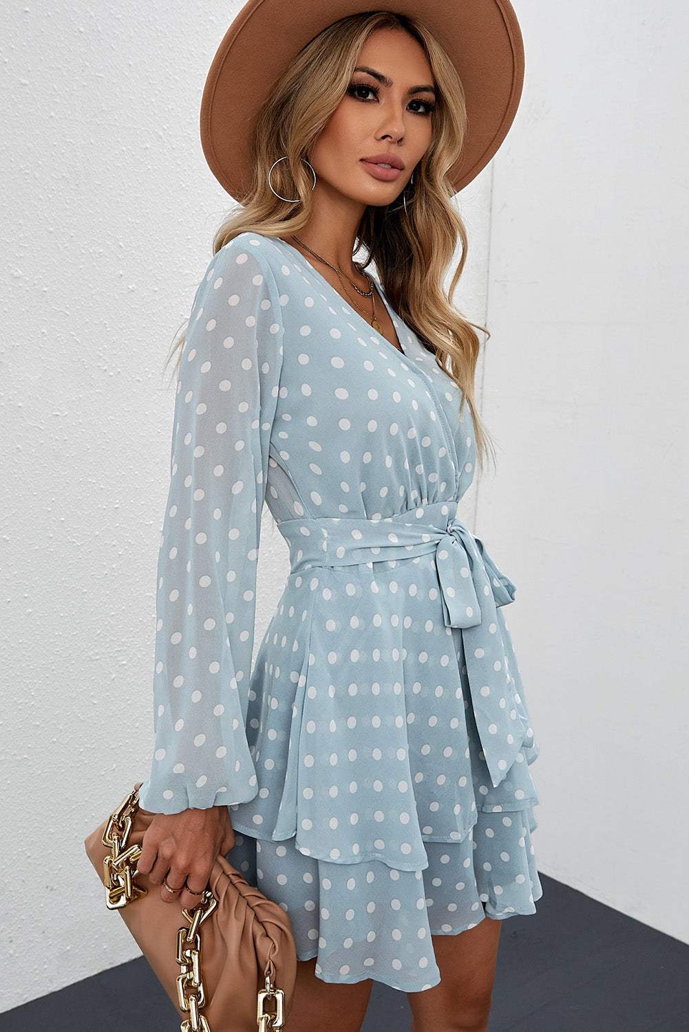 Tied Layered Polka Dot Balloon Sleeve Dress Casual Dresses - Tophatter Daily Deals