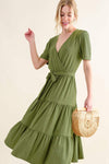 And The Why Soft Short Sleeve Tiered Midi Dress GREEN Casual Dresses - Tophatter Daily Deals