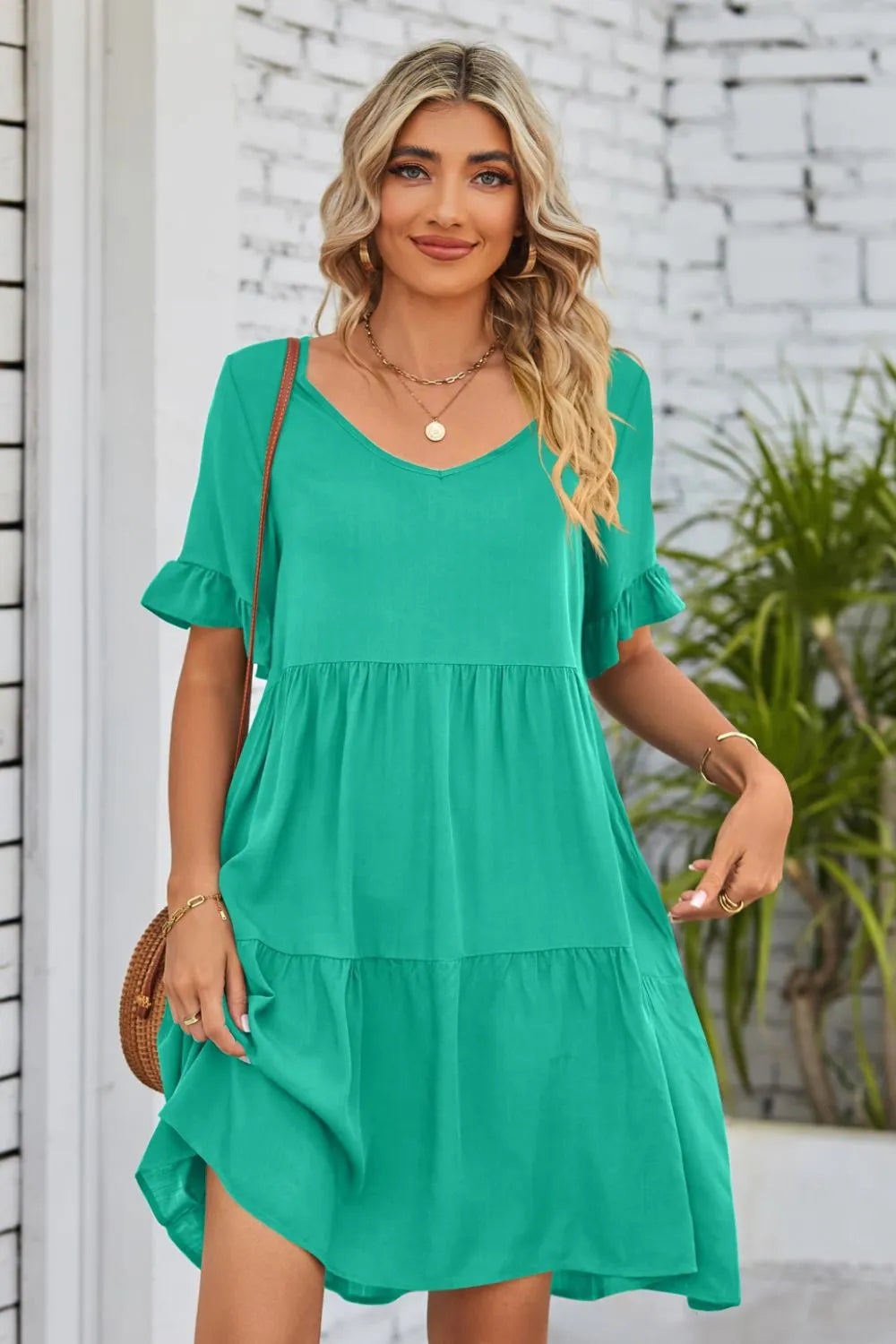 V-Neck Flounce Sleeve Tiered Dress Casual Dresses - Tophatter Daily Deals