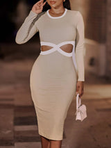 Contrast Cutout Ribbed Bodycon Dress Cream Cocktail Dresses - Tophatter Daily Deals